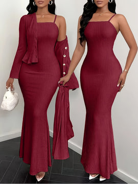 YY0102111 Conjunto Elegante de Vestido Camisola y Cárdigan de Color Sólido 2 Piezas, Adecuado para Primavera Verano Otoño