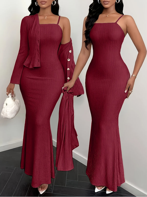 YY0102111 Conjunto Elegante de Vestido Camisola y Cárdigan de Color Sólido 2 Piezas, Adecuado para Primavera Verano Otoño