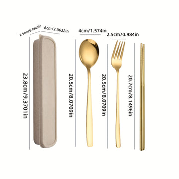 Juego de Cubiertos Portátiles de Acero Inoxidable de 4 Piezas - Duraderos, Resistentes al Óxido, Tenedores, Cucharas y Palillos con Estuche de Viaje - Ideal para Cenas de Bistec, Reuniones al Aire Libre, Camping, Senderismo, Picnics y Uso Diario