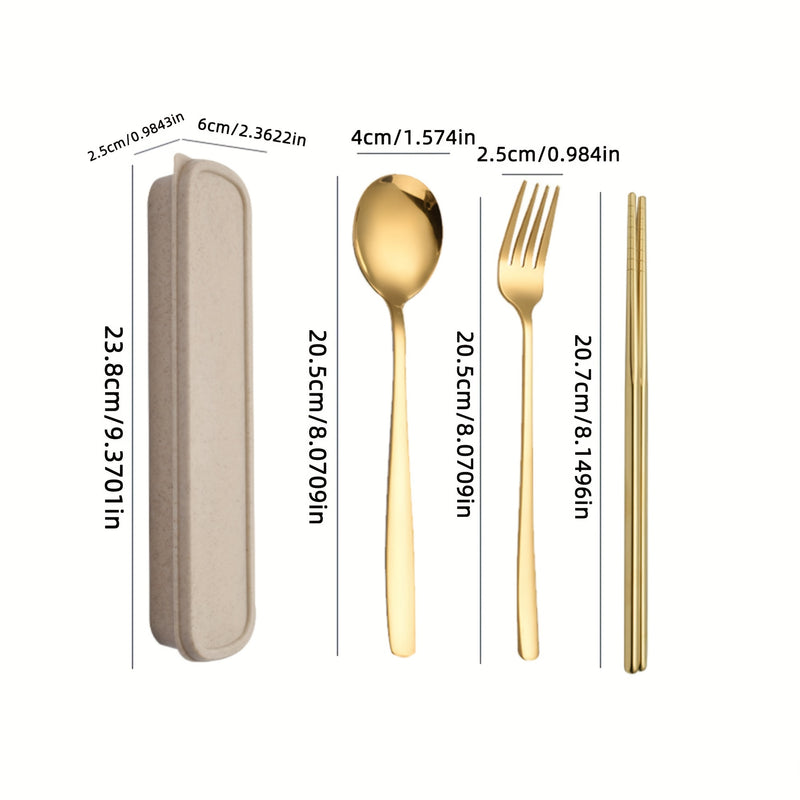 Juego de Cubiertos Portátiles de Acero Inoxidable de 4 Piezas - Duraderos, Resistentes al Óxido, Tenedores, Cucharas y Palillos con Estuche de Viaje - Ideal para Cenas de Bistec, Reuniones al Aire Libre, Camping, Senderismo, Picnics y Uso Diario