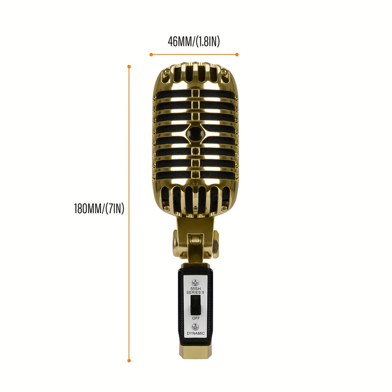 Microfono Vocal Dinámico Clásico XGeS GW55 - Acabado Metálico Dorado con Acentos Negros, Jack de 6.35mm, Funcionamiento con Alimentación por Enchufe, Ideal para Karaoke, Actuaciones En Vivo y Fiestas Musicales, Música Rock, Soporte Universal