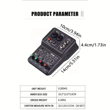 BOMGE Q12 2 canales de interfaz de audio portátil - Mezclador mini USB profesional para guitarra, voces y grabación de estudio, 36V o menos, material ABS negro, 2 canales, 2 canales de interfaz de audio | Mezclador compacto | Construcción duradera