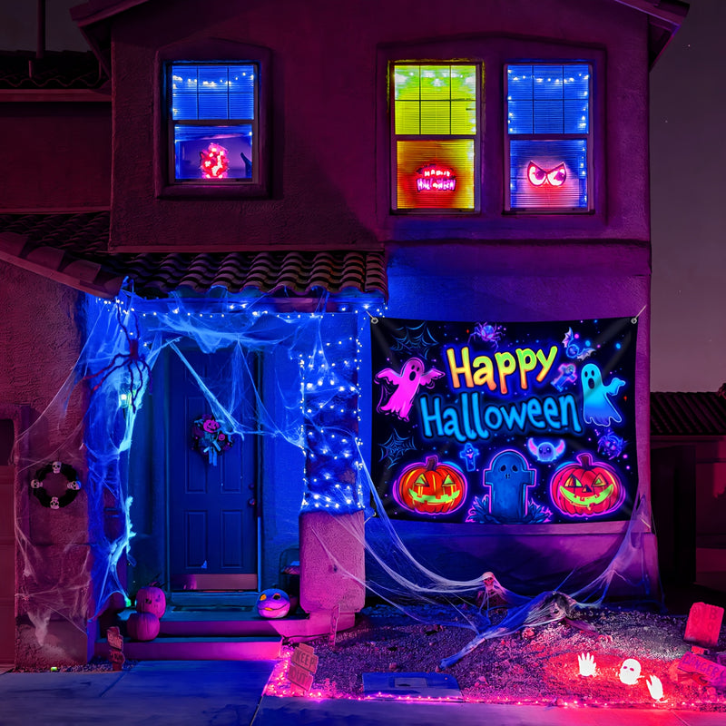 Tapiz Fluorescente Grande de Calabaza y Fantasma de Halloween - Decoración Exterior Reactiva a UV, Fondo de Fiesta Fácil de Colgar, Regalo Festivo Perfecto