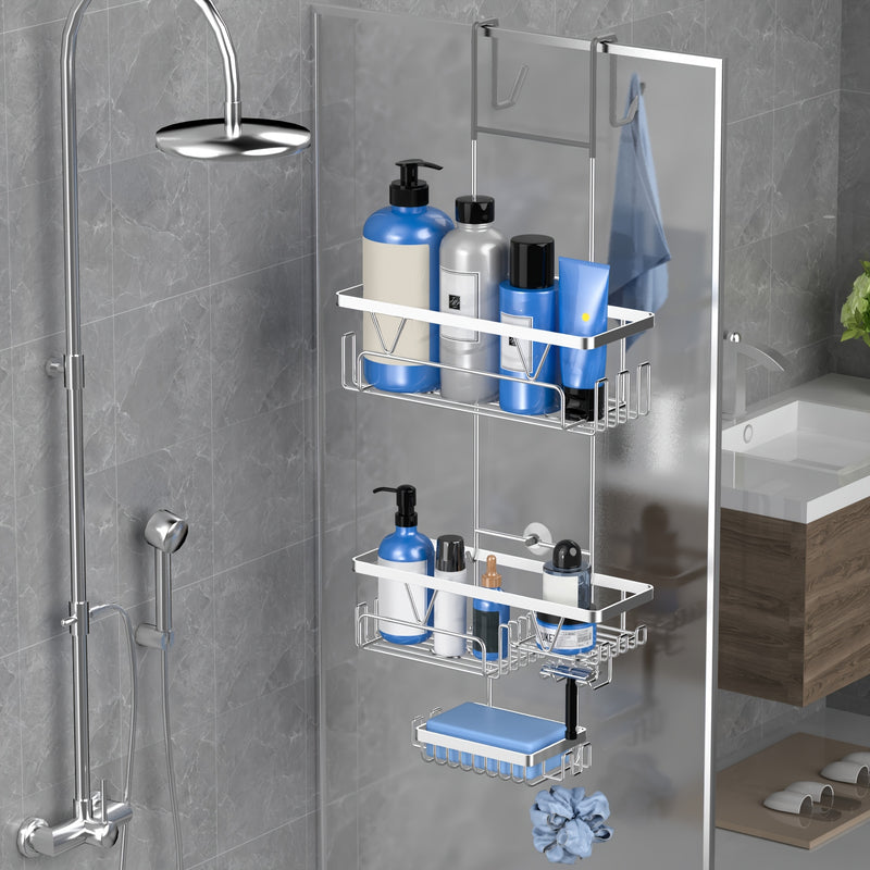 Organizador de puerta de vidrio para baño, colgador de accesorios de ducha, ideal para toallas, esponjas, rasuradoras y escurridores, almacenamiento de artículos para baño
