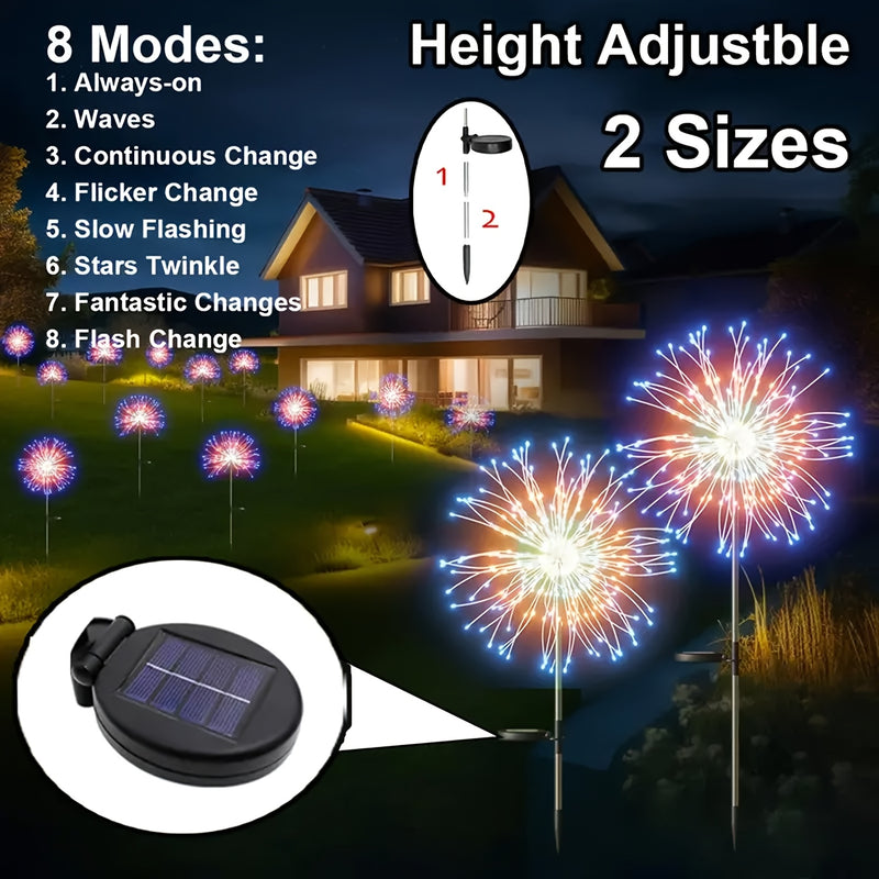 Luces de fuegos artificiales solares - 60/200/300/420 LED, IP65 y duraderas, 8 modos de luz, ideales para caravanas, patios, camping, bodas y decoraciones navideñas, iluminación festiva al aire libre | Diseño vibrante de fuegos artificiales | Luces solar