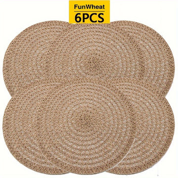 6pcs Elegantes Manteles Redondos Bohemios - Antideslizantes y Aislados Térmicamente de Yute Natural, Fáciles de Limpiar para Cenas, Comidas Familiares & Uso Diario, Tapetes de Cocina, Vajilla Rústica, Solo Lavado a Mano