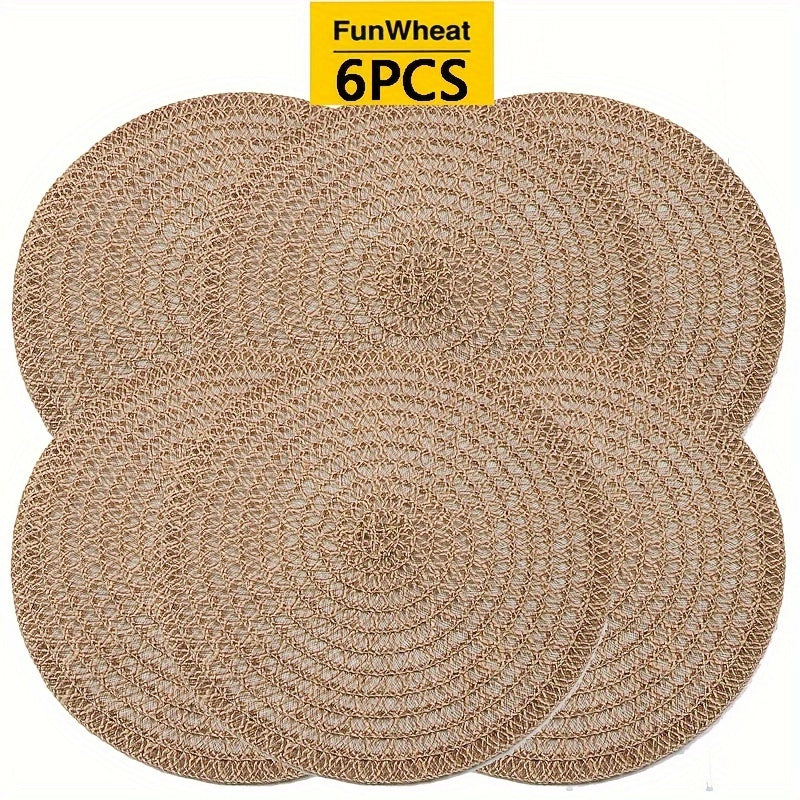 6pcs Elegantes Manteles Redondos Bohemios - Antideslizantes y Aislados Térmicamente de Yute Natural, Fáciles de Limpiar para Cenas, Comidas Familiares & Uso Diario, Tapetes de Cocina, Vajilla Rústica, Solo Lavado a Mano