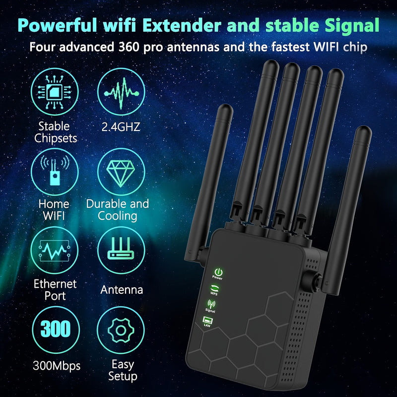 El amplificador de señal de WiFi, transmisión estable de 2,4 GHz, seis antenas para cobertura completa, distancias más largas que nunca, superantenas, con puerto Ethernet, amplificador de señal.