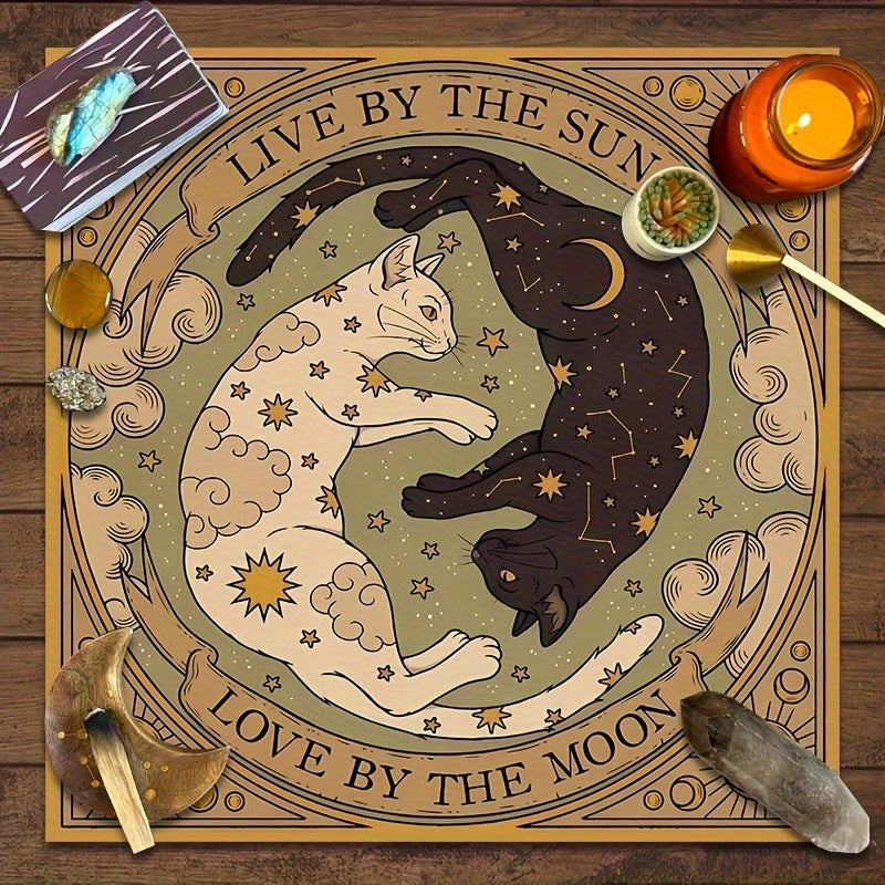 1pc Mantel de Altar con Péndulo de Gato Místico Sol y Luna - 100% Poliéster, Diseño "Vive por el Sol, Ama por la Luna" con Cielo Estrellado y Elementos Celestes, Ideal para Lectura de Tarot, Adivinación y Decoración de Habitación, Decoración de Sol y Lun