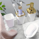 Juego de 4 accesorios para baño con rayas verticales, incluye dispensador de líquido, portacepillos, vaso para enjuague bucal y jabonera - Kit organizador esencial para baño, material plástico