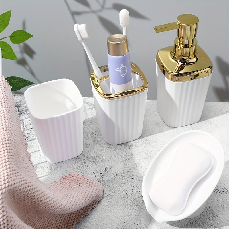 Juego de 4 accesorios para baño con rayas verticales, incluye dispensador de líquido, portacepillos, vaso para enjuague bucal y jabonera - Kit organizador esencial para baño, material plástico