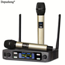Micrófono inalámbrico profesional DEPUSHENG de dos canales portátil con pantalla digital, conector de 6,35 mm, indicador de batería y control de volumen - para reuniones, escenarios, actuaciones, KTV familiar, micrófono para computadora, equipo de audio