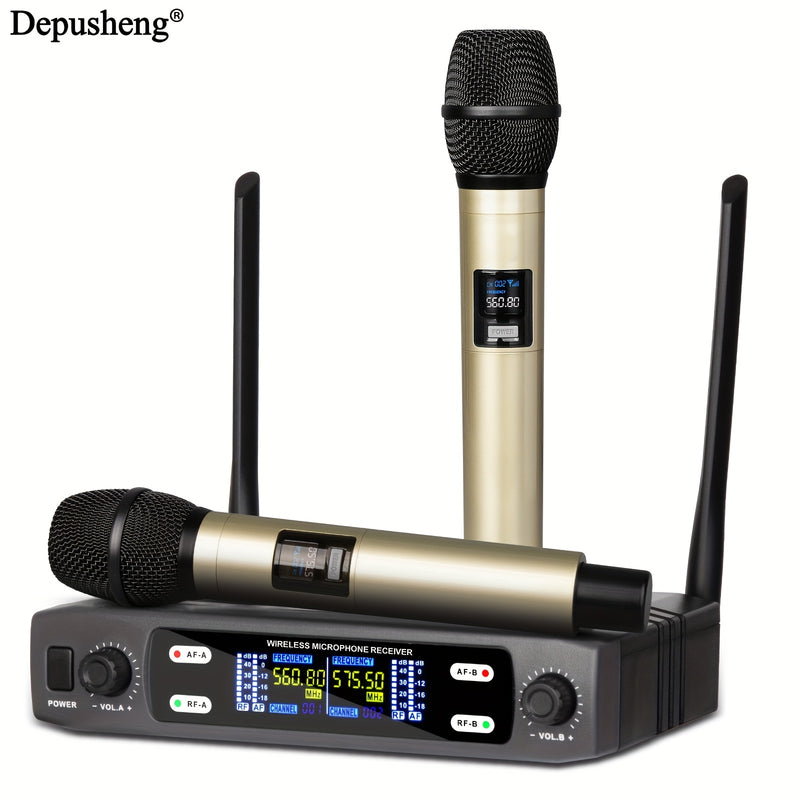 Micrófono inalámbrico profesional DEPUSHENG de dos canales portátil con pantalla digital, conector de 6,35 mm, indicador de batería y control de volumen - para reuniones, escenarios, actuaciones, KTV familiar, micrófono para computadora, equipo de audio