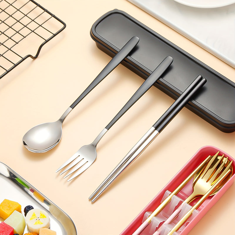 Juego de Cubiertos Portátiles de Acero Inoxidable de 4 Piezas - Duraderos, Resistentes al Óxido, Tenedores, Cucharas y Palillos con Estuche de Viaje - Ideal para Cenas de Bistec, Reuniones al Aire Libre, Camping, Senderismo, Picnics y Uso Diario