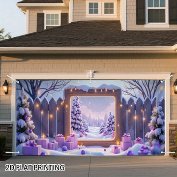 Banner de puerta 2D, 1 unidad, decoración navideña con árbol morado y regalos, poliéster, para fiesta hawaiana, boda, decoración escolar o jardín exterior