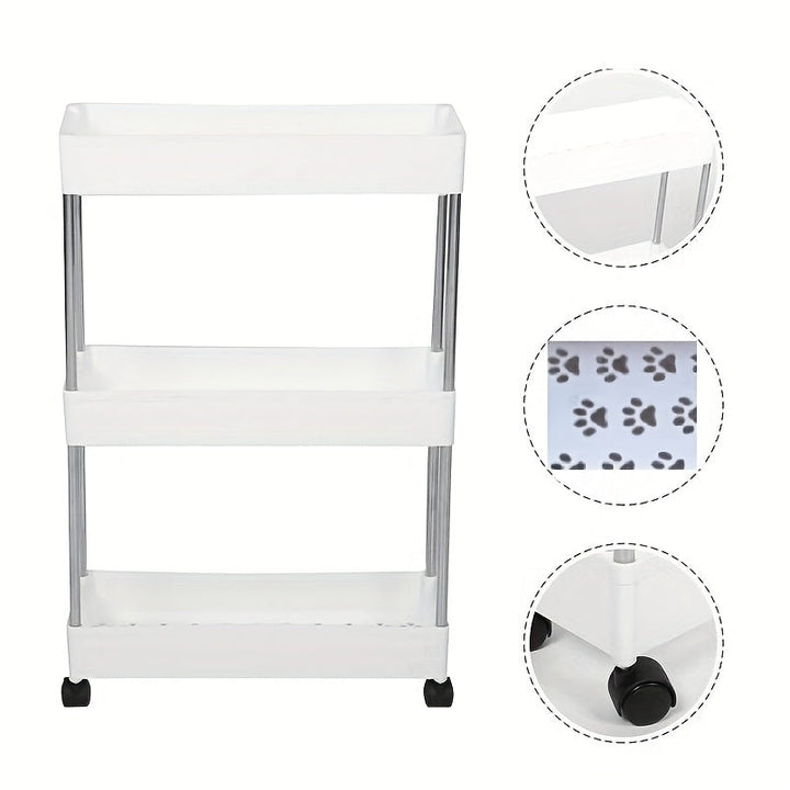 Carrito de Almacenamiento Rodante de 3 Niveles con Ruedas - Estructura de Metal y Plástico, Diseño Estrecho Compacto, Fácil Montaje, Organizador Vertical Multiusos para Cocina, Baño, Lavandería, Sala - Unidad Móvil de Almacenamiento, Estantes Delgados, C