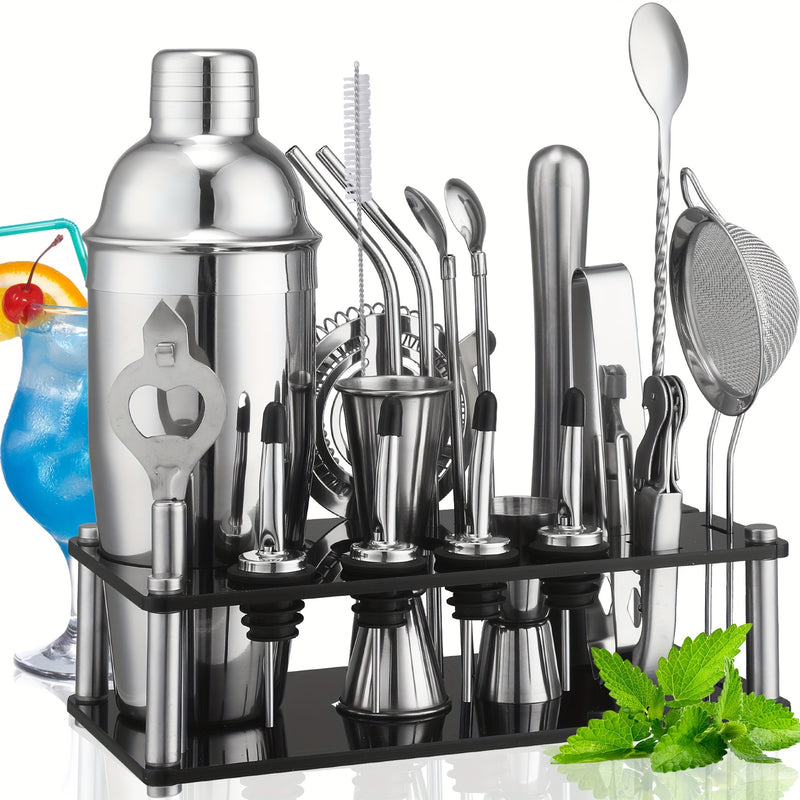 20 piezas Juego de Mixología de Acero Inoxidable con Shaker, Colador, Muddler, Jigger, Cuchara, Filtro de Hielo, Abrebotellas, Salidas de Vino y Soporte de Herramientas de Acrylic - Kit de Barman Completo