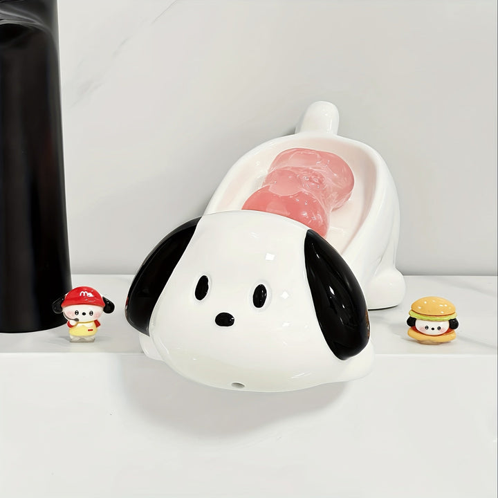 Plato de Jabón Cerámico para Perro y Blanco Lindo - Diseño Ovalado con Drenaje Rápido y Recorte en Forma de Corazón, Accesorio Decorativo Duradero para Baño y Encimera de Cocina, Portajabones Resistente, Soporte para Barra de Jabón