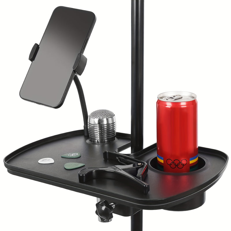 Soporte de micrófono ajustable con bandeja y soporte para teléfono inteligente con abrazadera, material ABS, ajuste universal para escenario, transmisión en vivo y conciertos - Negro