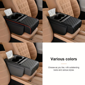 1 cojín universal para apoyabrazos de auto en piel PU, con porta vasos, compartimento multifuncional y ranura para caja de pañuelos