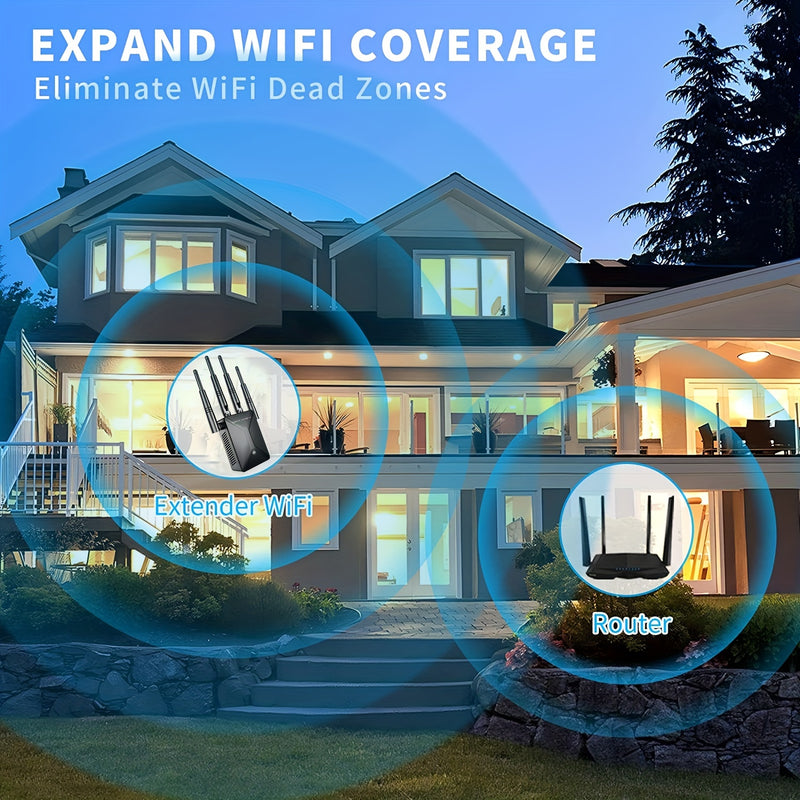 Amplificador De Señal Extensor WiFi, Cubre Hasta 13225 Pies Cuadrados Y 130 Dispositivos, Banda Dual 2.4G Y 5G, Potente Amplificador WiFi De Pared De 1200 Mbps, Con Puerto Ethernet Y Modo AP