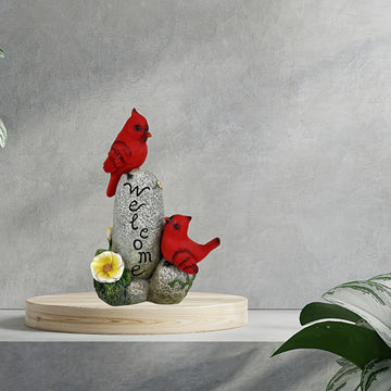 Estatua de pájaro rojo alimentada por energía solar - Decoración de jardín al aire libre con letrero "BIENVENIDO", adorno de césped iluminado, ideal para regalos de Día de la Madre y Día del Padre, escultura de resina eficiente en energía, acento festivo
