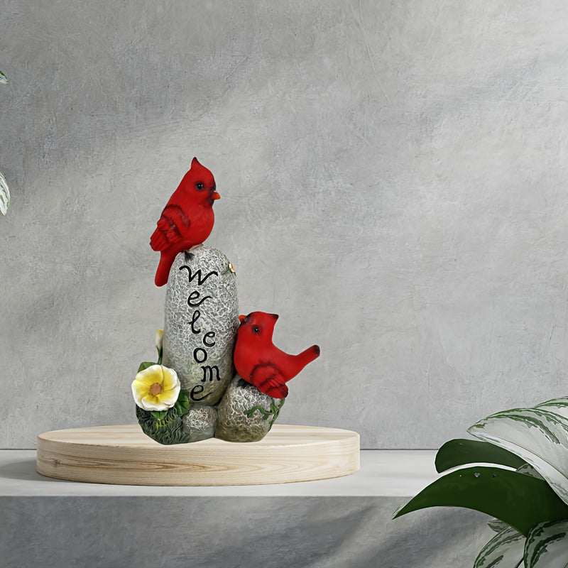 Estatua de pájaro rojo alimentada por energía solar - Decoración de jardín al aire libre con letrero "BIENVENIDO", adorno de césped iluminado, ideal para regalos de Día de la Madre y Día del Padre, escultura de resina eficiente en energía, acento festivo