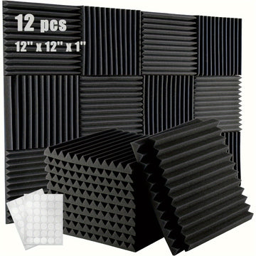 12 piezas de esponja absorbente de sonido con adhesivo, 30.48 cm x 30.48 cm x 2.54 cm, alta densidad ignífuga para estudio de grabación aislamiento acústico corrugado