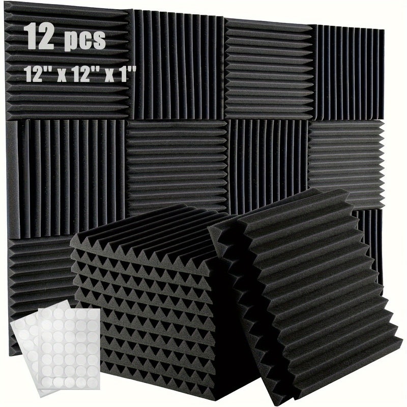 12 piezas de esponja absorbente de sonido con adhesivo, 30.48 cm x 30.48 cm x 2.54 cm, alta densidad ignífuga para estudio de grabación aislamiento acústico corrugado
