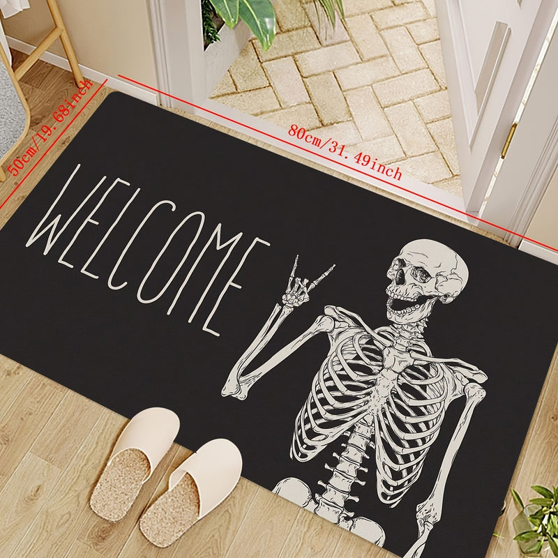 1 alfombrilla de entrada con diseño de calavera juguetón, ideal para fiestas de Halloween y decoración, hecha de poliéster negro, lavable en máquina, de 1 cm de grosor, 700 g/m². Perfecta para decorar tu hogar o negocio.