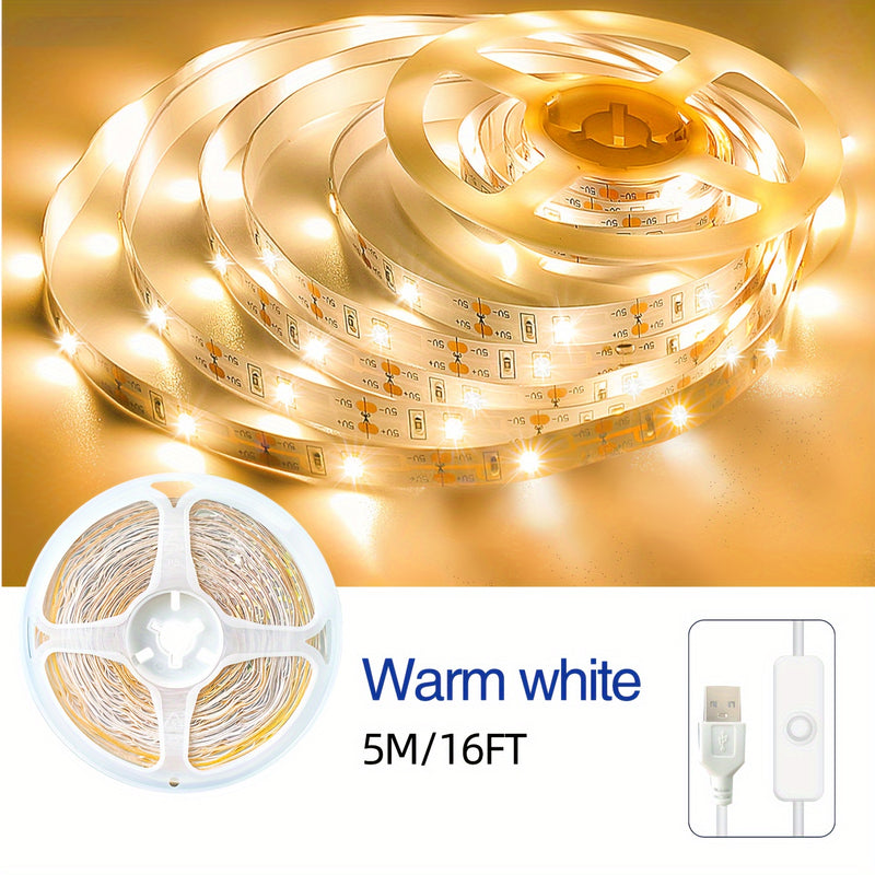 Luces LED RGB de 0.9m a 15m con Interruptor Integrado y Alimentación USB, Luz Cálida/Fresca, Fácil Instalación para Dormitorio, Armario, Cocina e Iluminación Hogareña, Luces LED para Habitaciones
