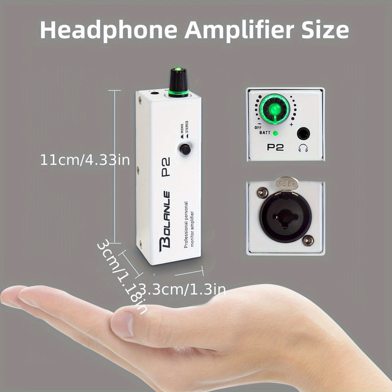 Amplificador portátil de monitores intraurales BOLANLE P2 con entradas XLR y TRS, salida de 3.5mm, interruptor estéreo/monofónico, para tecladistas, bateristas y guitarristas - Funciona con batería, metal, batería no incluida, configuración de estudio |