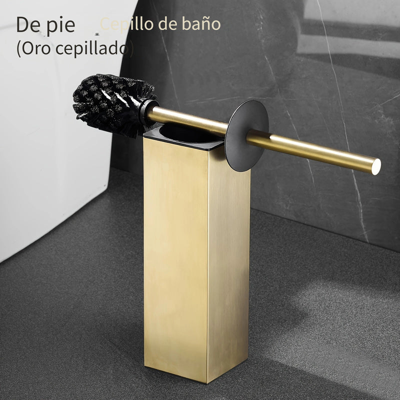 Juego de Escobilla de Inodoro de Acero Inoxidable en Tono Dorado Elegante con Mango Largo - Diseño Cuadrado sin Esquinas Muertas para Limpieza Profunda, Accesorio de Baño que Ahorra Espacio, Navidad, Halloween, Fácil de Montar, a Prueba de Goteo