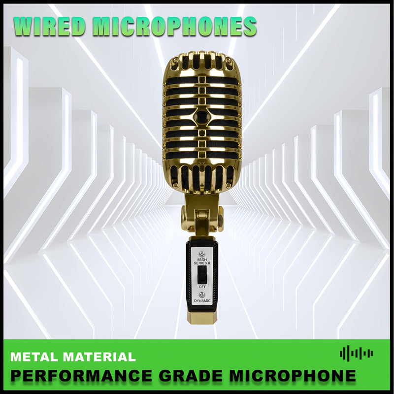 Microfono Vocal Dinámico Clásico XGeS GW55 - Acabado Metálico Dorado con Acentos Negros, Jack de 6.35mm, Funcionamiento con Alimentación por Enchufe, Ideal para Karaoke, Actuaciones En Vivo y Fiestas Musicales, Música Rock, Soporte Universal