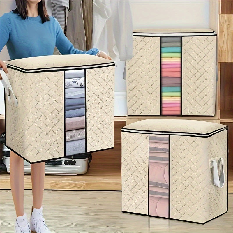 3 Bolsas de Almacenamiento Extra Grandes con Asas Reforzadas - Organizadores Plegables de 100L para Ropa, Mantas y Ropa de Cama, Ventana Transparente, Apilables - Gris
