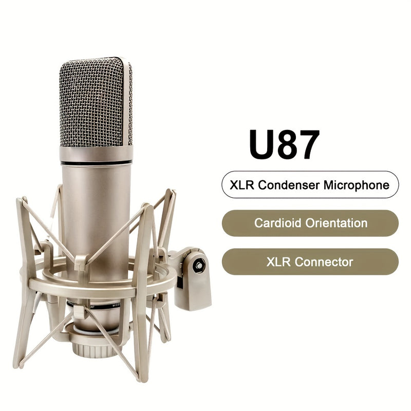 Microfono Condensador U87 XLR con Cable, Micrófono Cardióide Profesional para Estudio de Grabación, Podcasting y Streaming en Casa