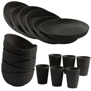 Juego de vajilla irrompible con temática navideña, 18 piezas - Platos, tazones y vasos negros, aptos para lavavajillas y microondas, ideal para cocina, residencias estudiantiles, campamentos, autocaravanas, picnics, reuniones festivas y aventuras al aire