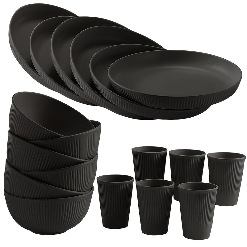 Juego de vajilla irrompible con temática navideña, 18 piezas - Platos, tazones y vasos negros, aptos para lavavajillas y microondas, ideal para cocina, residencias estudiantiles, campamentos, autocaravanas, picnics, reuniones festivas y aventuras al aire