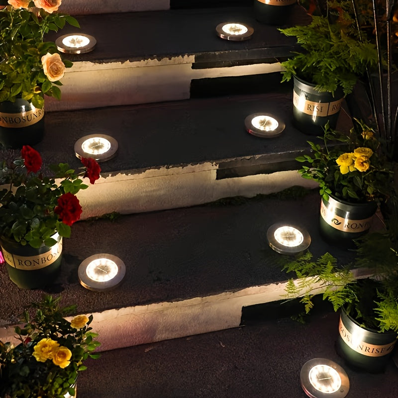 Luces de tierra de 12 LED de acero inoxidable con energía solar - Iluminación de escaleras y senderos de jardín al aire libre, decoración de paisaje eficiente en energía con macetas de flores vibrantes, luces solares al aire libre, iluminación de escaler