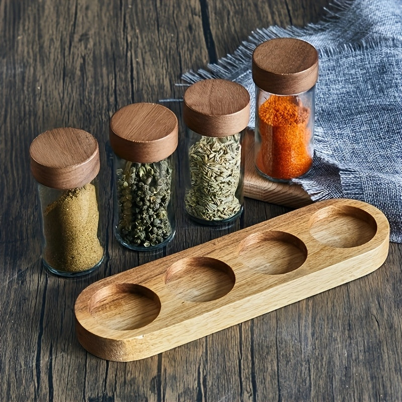 Juego de 4 frascos de vidrio de 90 ml (3 oz) con tapa de madera de acacia y bandeja organizadora para especias de cocina
