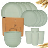 Juego de vajilla premium de paja de trigo, 16 piezas irrompibles, apto para microondas y lavavajillas, set negro con 8 platos, 4 tazones y 4 tazas