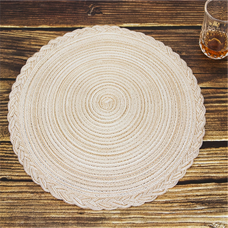 4 individuales redondos trenzados de poliéster - Solo lavado a mano, rayas beige y café, individuales resistentes para comedor, cocina o mesa de centro, individuales para mesa de cocina | Textura trenzada | Poliéster