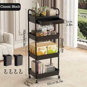 Carrito de almacenamiento móvil para cocina, caja rodante con cajones extraíbles, carrito resistente de 3 y 4 niveles con ruedas bloqueables para baño, sala, cocina, snacks, manualidades, cosméticos y decoración del hogar