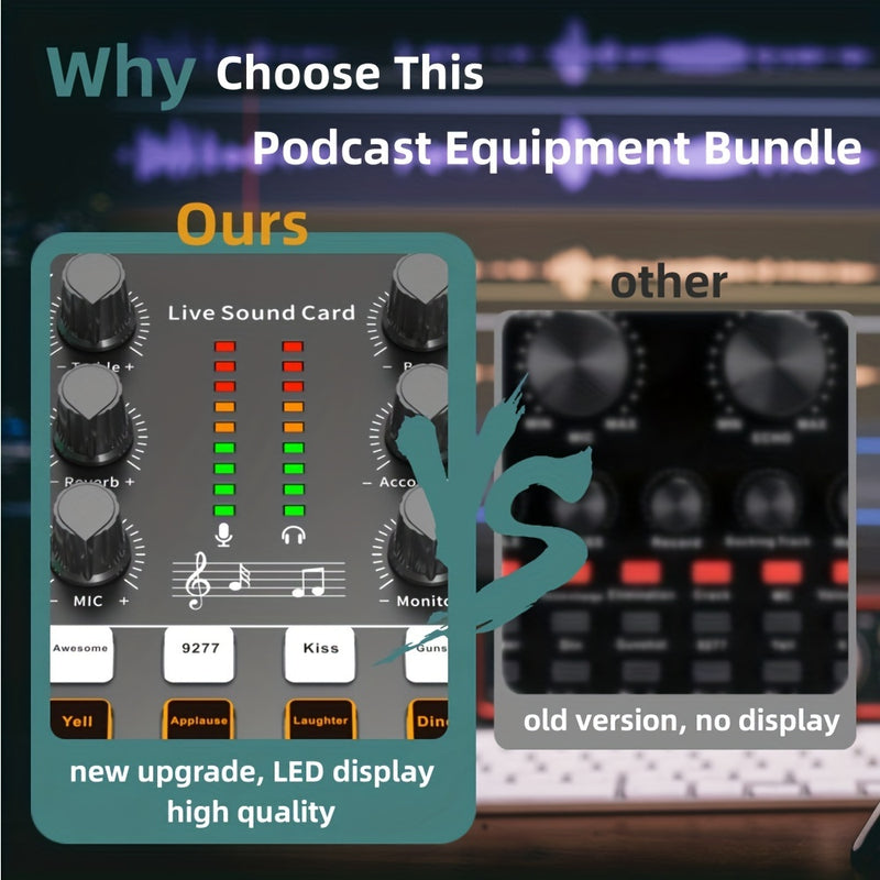 Paquete Todo en Uno de Equipo para Podcast con Micrófono Condensador BM800 y Tarjeta de Sonido En Vivo - Cancelación de Ruido DSP, 12 Cambiadores de Voz/Efectos de Sonido, Control de Volumen, Alimentado por USB/Pila, Brazo Ajustable & Filtro Anti-Pop par