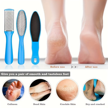 3 piezas Juego de pedicura azul - Lima de pies de acero inoxidable de doble cara, removedor de callos manual, exfoliante de piel muerta, herramientas de cuidado de pies de plástico para uso doméstico o en salón, sin perfume, no necesita electricidad, reg