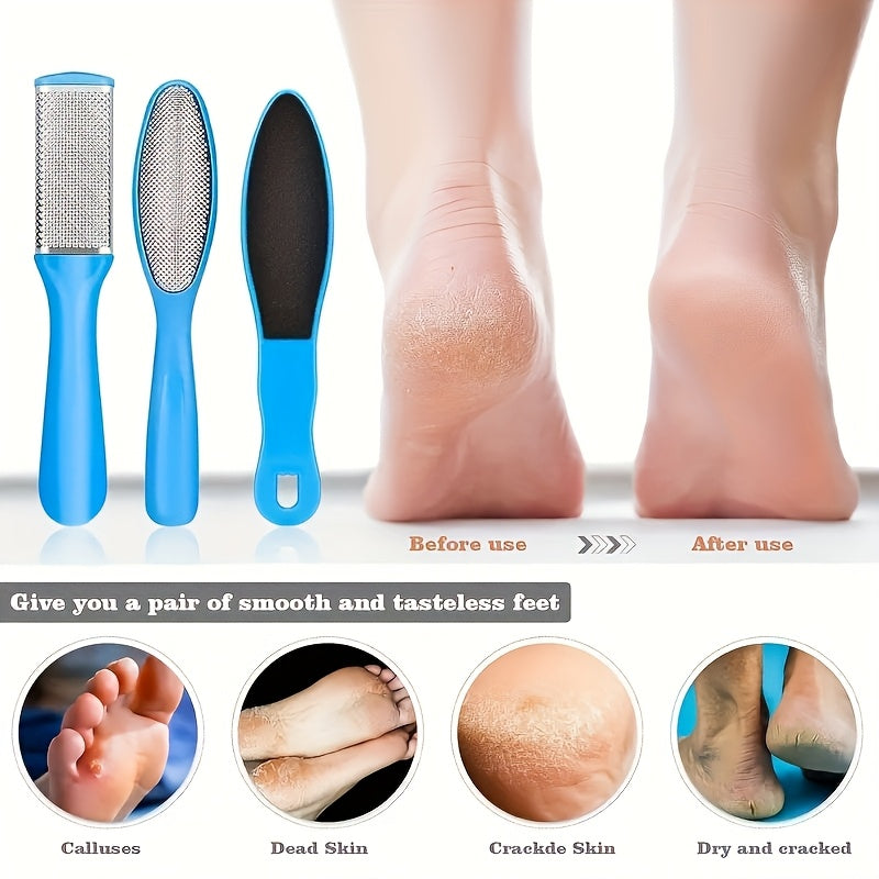 3 piezas Juego de pedicura azul - Lima de pies de acero inoxidable de doble cara, removedor de callos manual, exfoliante de piel muerta, herramientas de cuidado de pies de plástico para uso doméstico o en salón, sin perfume, no necesita electricidad, reg
