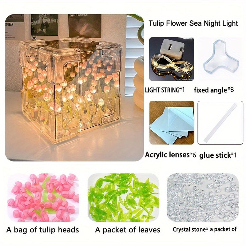 1pc 20LEDS/20 Flores Tulipán Nocturno DIY, Mar de Flores 3D, Accesorios de Escritorio Exquisitos, Regalos Íntimos para Novias, Familia, Compañeros de Clase y Amigos, Regalos para el Día de la Madre, Regalos de Cumpleaños