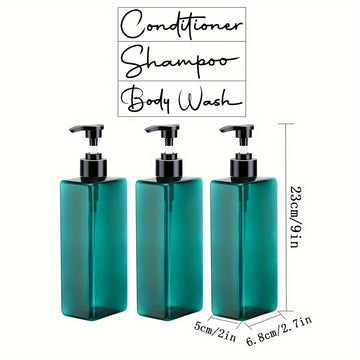 Set de 3 botellas recargables de plástico de 500 ml para champú, acondicionador y gel de baño con etiquetas impermeables para decoración del baño en casa - Contenedores de jabón para la ducha sin necesidad de electricidad