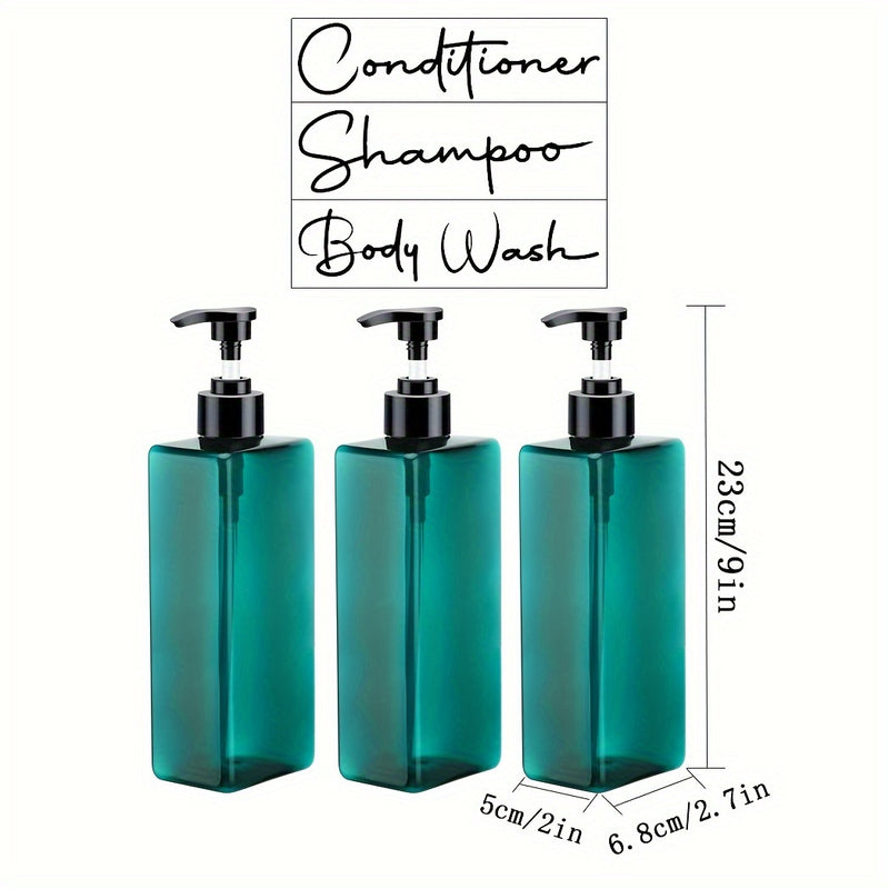 Set de 3 botellas recargables de plástico de 500 ml para champú, acondicionador y gel de baño con etiquetas impermeables para decoración del baño en casa - Contenedores de jabón para la ducha sin necesidad de electricidad