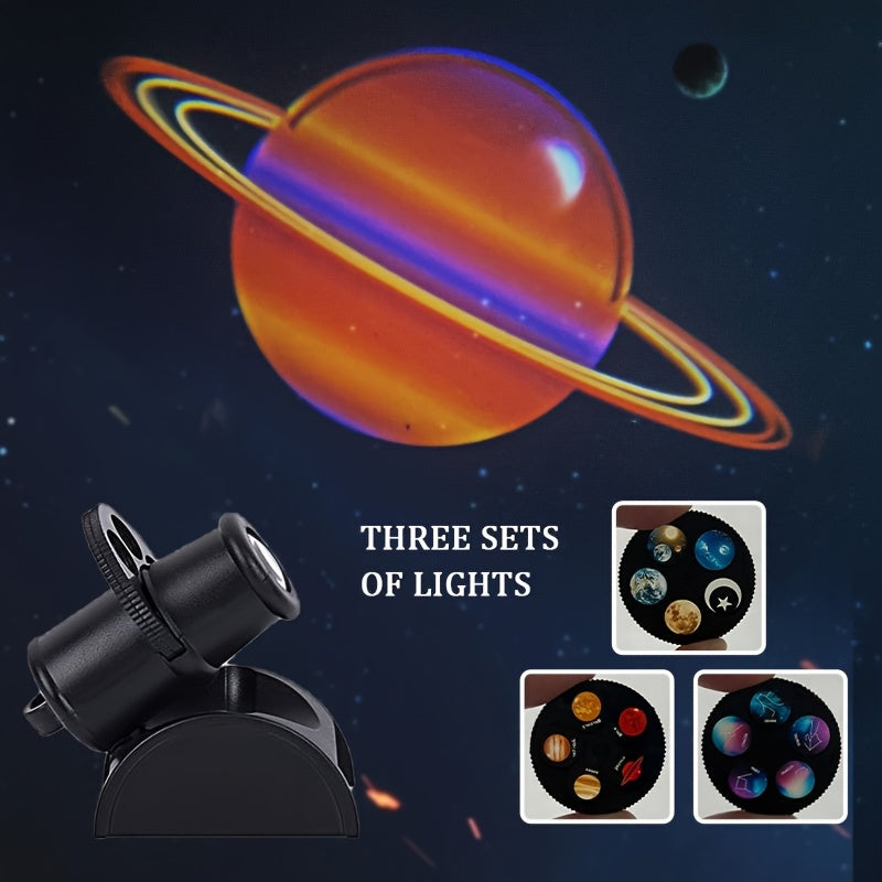 [1pc proyector de luz nocturna de cielo estrellado] 1pc proyector de luz nocturna de cielo estrellado moderno con 3 discos, 15 patrones - Lámpara de mesa de plástico con alimentación USB y control de botón, batería de litio recargable de 200 mAh, proyecc